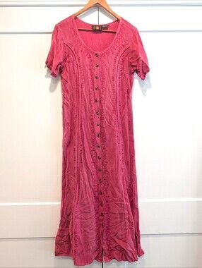 VINTAGE Raya Sun Embroidered Pink Button-Front Maxi Dress Boho Hippie Size Small